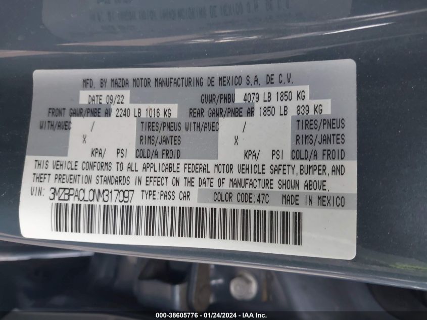 2022 MAZDA MAZDA3 CARBON EDITION - 3MZBPACL0NM317097