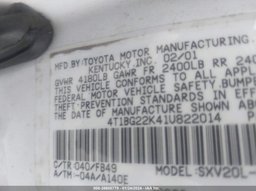 4T1BG22K41U822014 | 2001 TOYOTA CAMRY