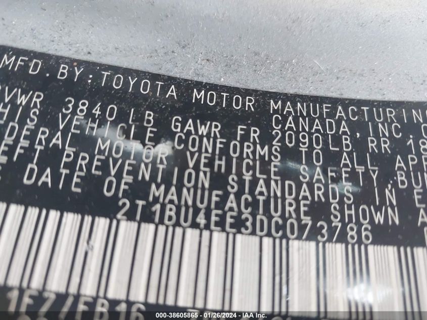 2013 TOYOTA COROLLA S/LE - 2T1BU4EE3DC073786