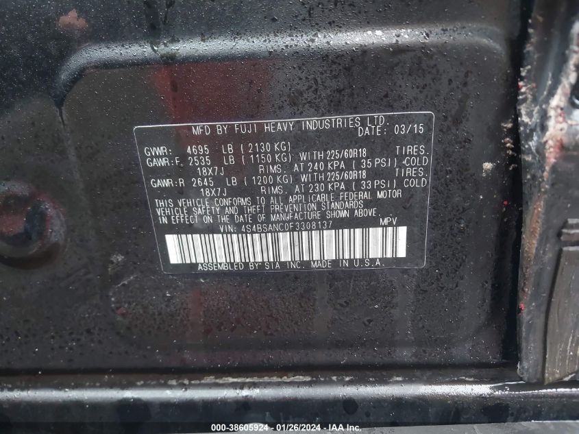 2015 SUBARU OUTBACK 2.5I LIMITED - 4S4BSANC0F3308137