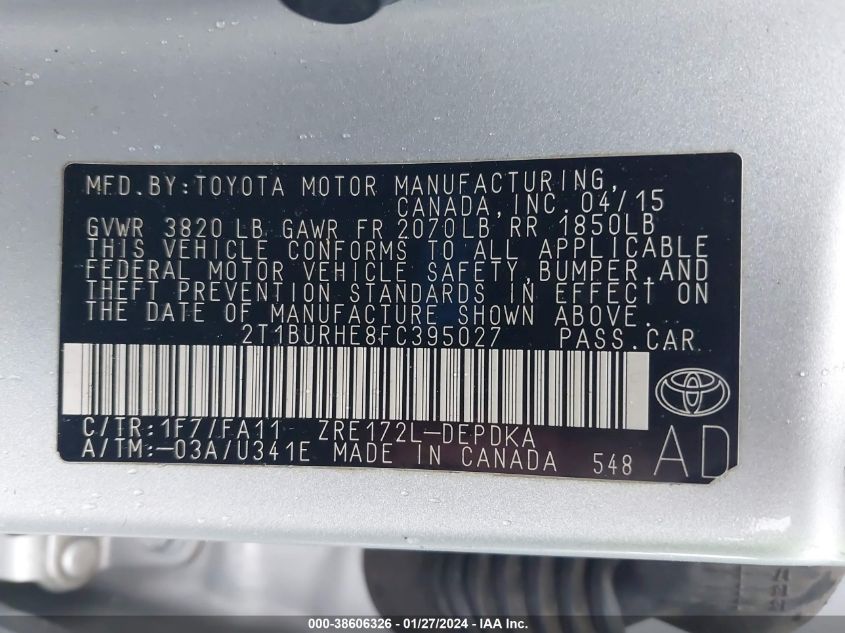 2015 TOYOTA COROLLA L/LE/LE PLS/PRM/S/S PLS - 2T1BURHE8FC395027