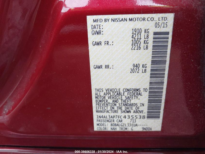 2015 NISSAN ALTIMA 2.5/2.5 S/2.5 SL/2.5 SV - 1N4AL3AP7FC435538