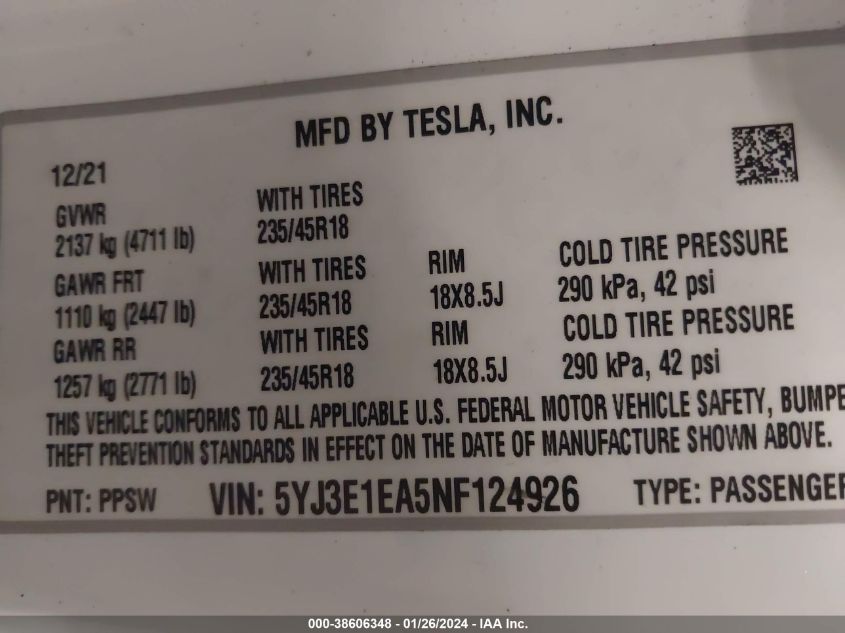 2022 TESLA MODEL 3 - 5YJ3E1EA5NF124926