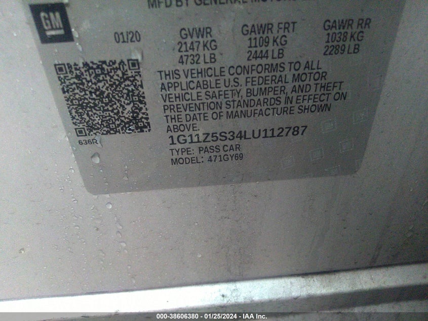 VIN 1G11Z5S34LU112787 2020 CHEVROLET IMPALA LT