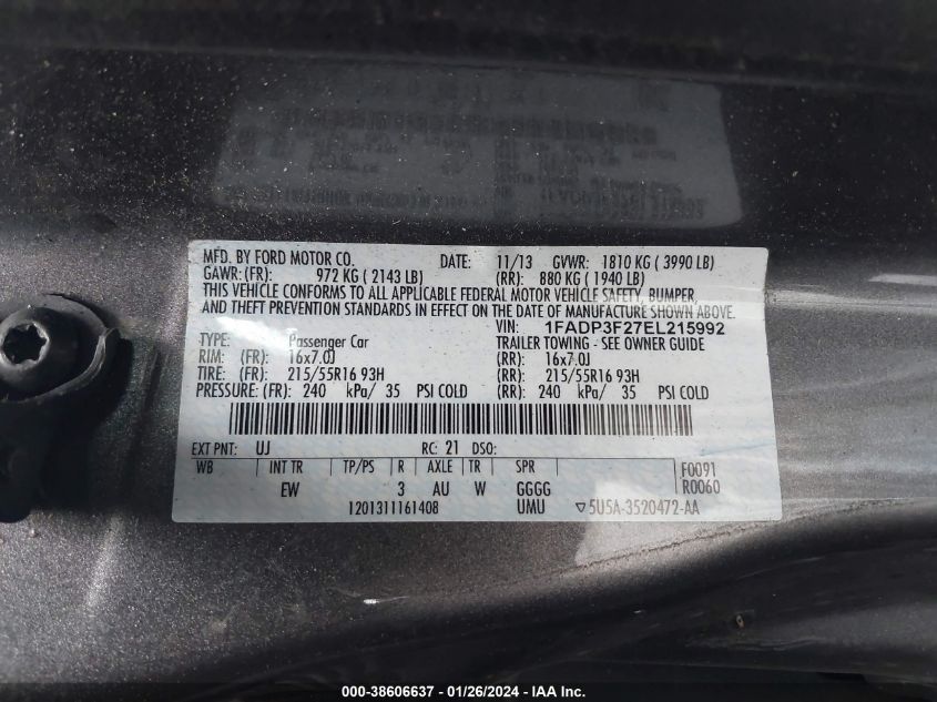 2014 FORD FOCUS SE - 1FADP3F27EL215992