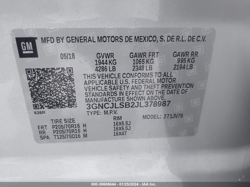 VIN 3GNCJLSB2JL378987 2018 CHEVROLET TRAX 1LT