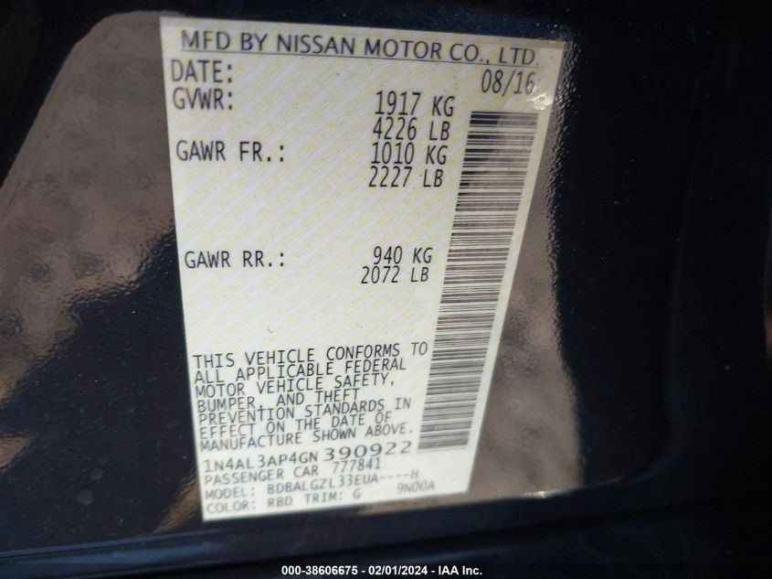 2016 NISSAN ALTIMA 2.5 S - 1N4AL3AP4GN390922