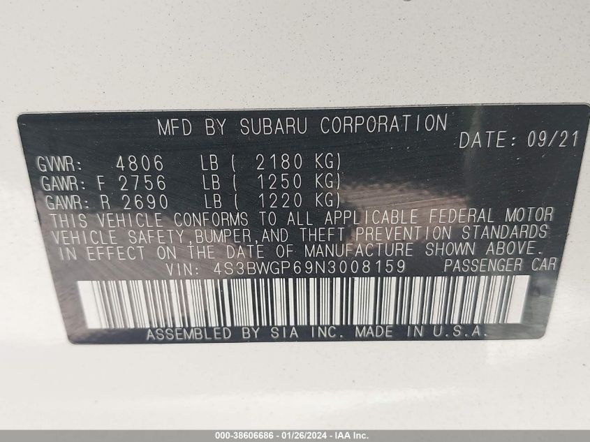 2022 SUBARU LEGACY TOURING XT - 4S3BWGP69N3008159