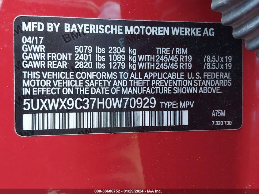 2017 BMW X3 XDRIVE28I - 5UXWX9C37H0W70929