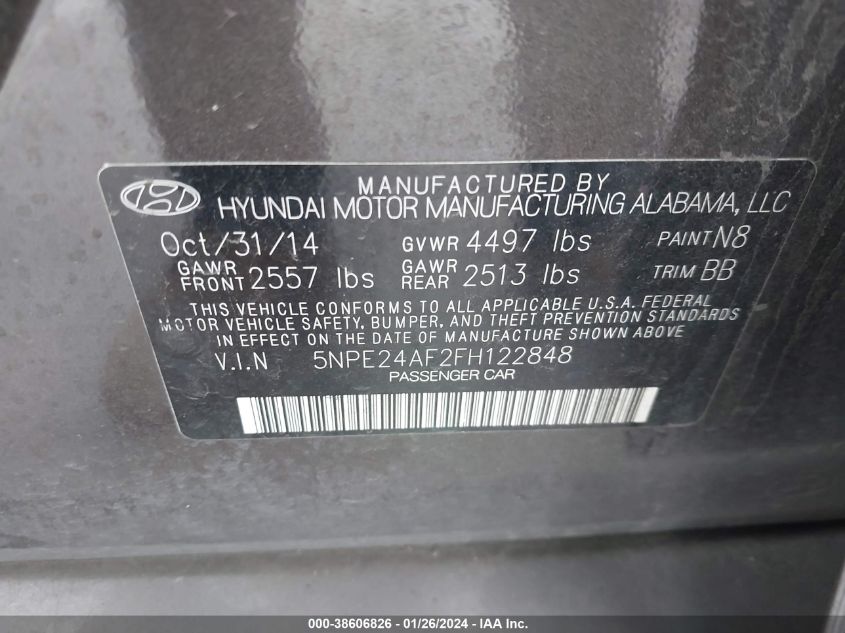 2015 HYUNDAI SONATA SE - 5NPE24AF2FH122848