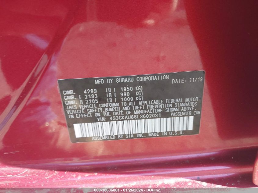 2020 SUBARU IMPREZA LIMITED - 4S3GKAU66L3602031
