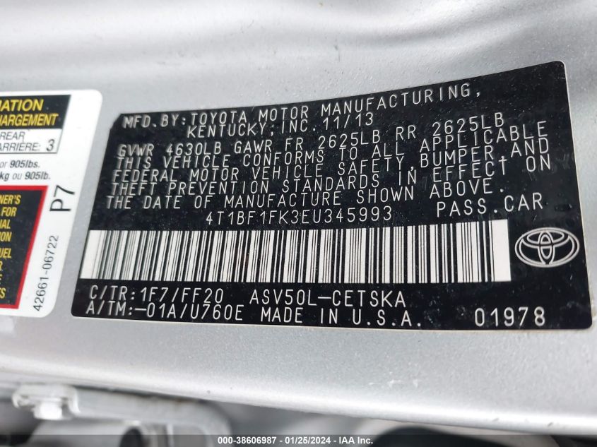 2014 TOYOTA CAMRY L/SE/LE/XLE - 4T1BF1FK3EU345993