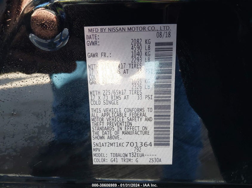 VIN 5N1AT2MT1KC701364 2019 NISSAN ROGUE S/SL/SV