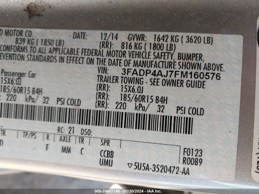2015 FORD FIESTA S - 3FADP4AJ7FM160576