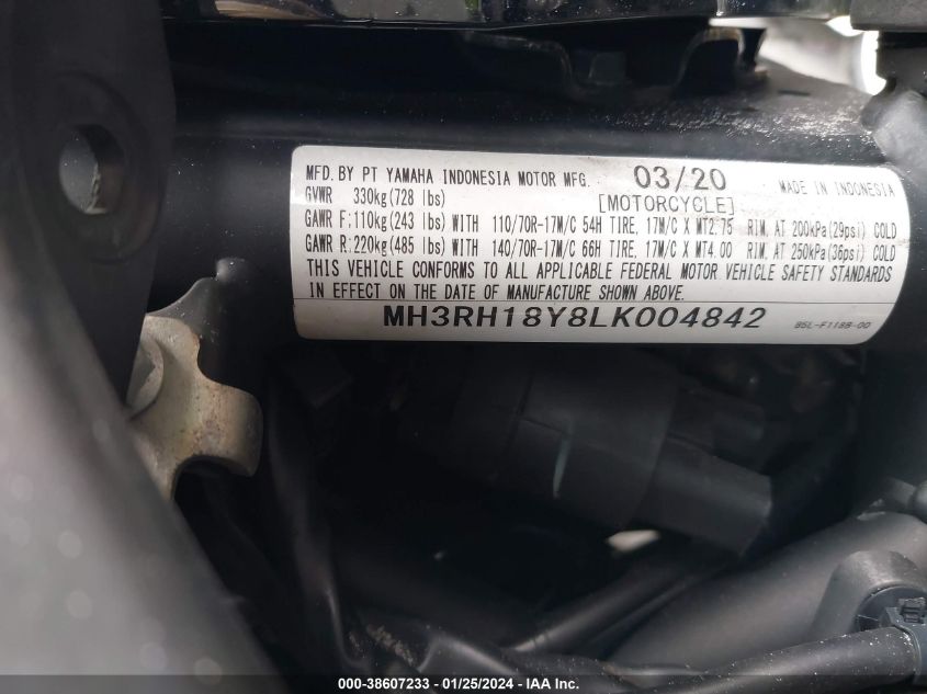 2020 YAMAHA YZFR3 A MH3RH18Y8LK004842