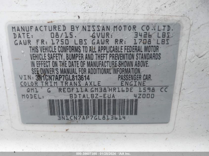 2016 NISSAN VERSA S/S PLUS/SV/SL - 3N1CN7AP7GL813614
