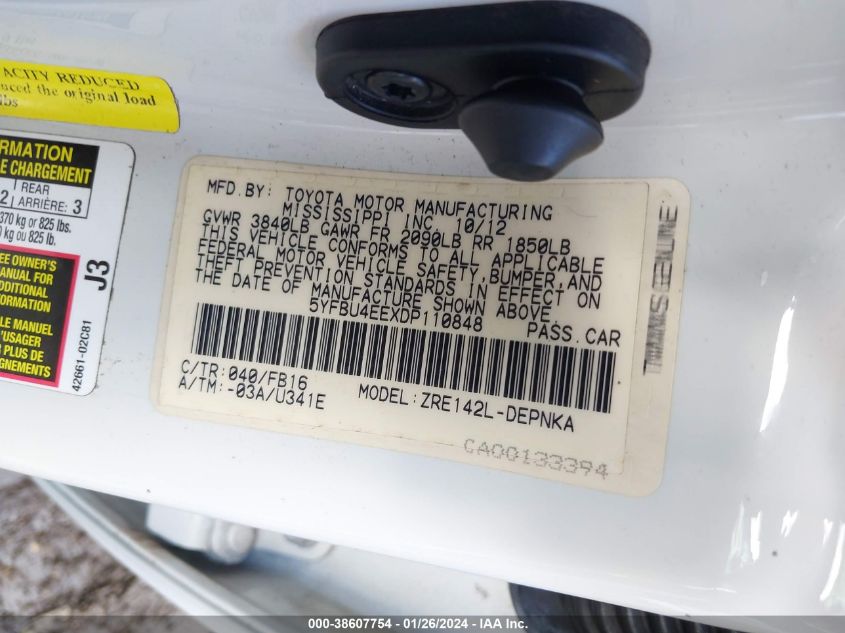 2013 TOYOTA COROLLA S/LE - 5YFBU4EEXDP110848