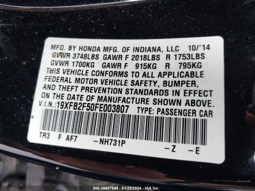 2015 HONDA CIVIC LX - 19XFB2F50FE003807