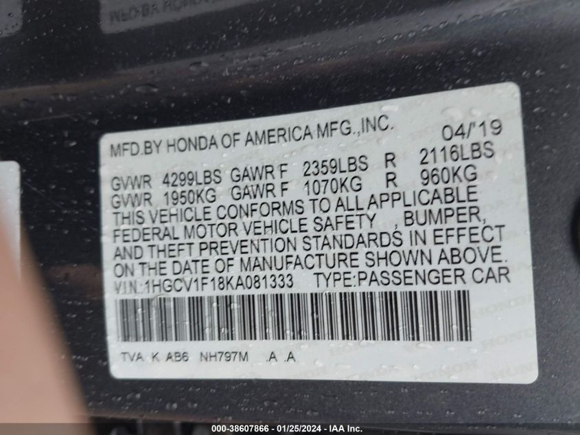 2019 HONDA ACCORD LX - 1HGCV1F18KA081333