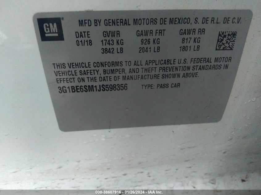 2018 CHEVROLET CRUZE LT - 3G1BE6SM1JS598356