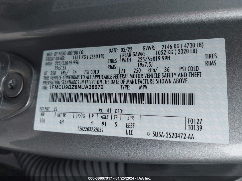 2022 FORD ESCAPE SE HYBRID - 1FMCU9BZ8NUA38072