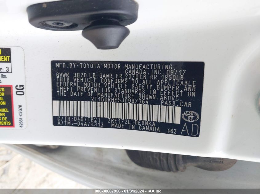 2018 TOYOTA COROLLA L/LE/XLE/SE/XSE - 2T1BURHE5JC987364