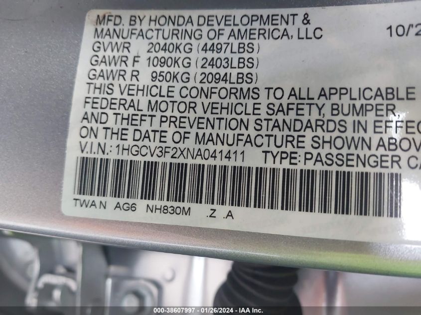 2022 HONDA ACCORD HYBRID SPORT - 1HGCV3F2XNA041411
