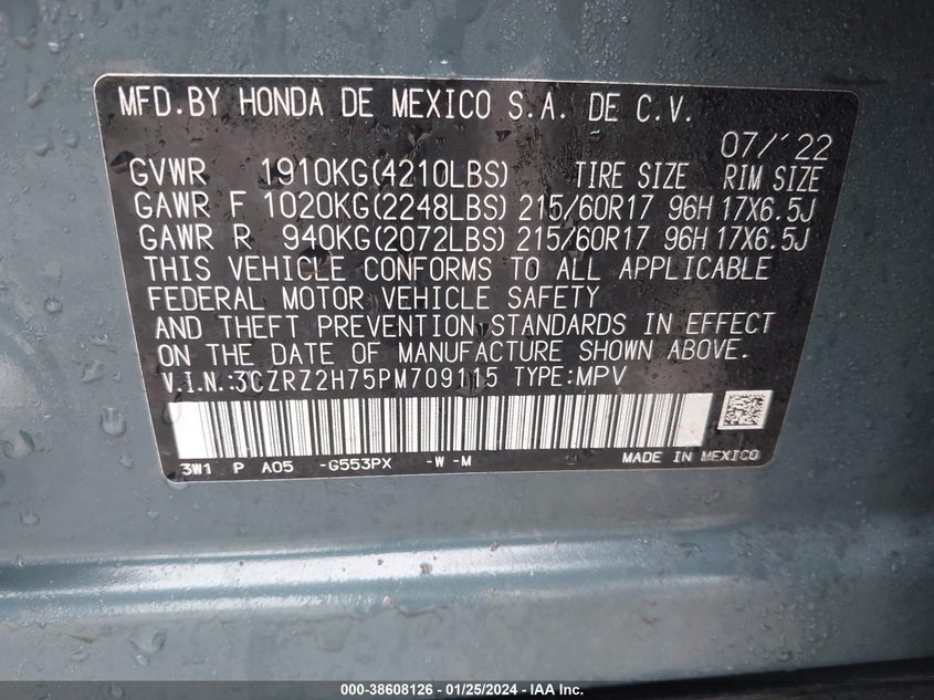VIN 3CZRZ2H75PM709115 2023 HONDA HR-V EXL