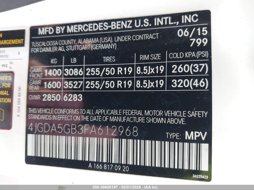2015 MERCEDES-BENZ ML 400 4MATIC 4JGDA5GB3FA612968