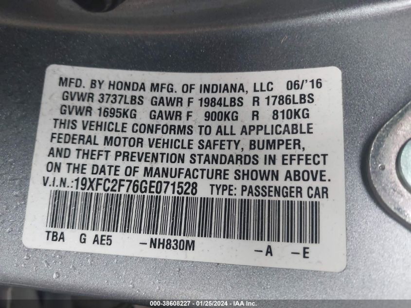 2016 HONDA CIVIC EX - 19XFC2F76GE071528