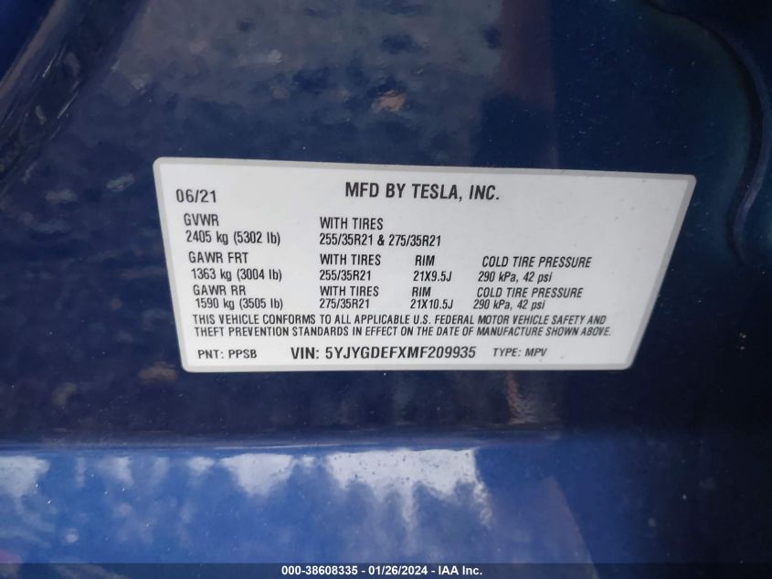 2021 TESLA MODEL Y - 5YJYGDEFXMF209935
