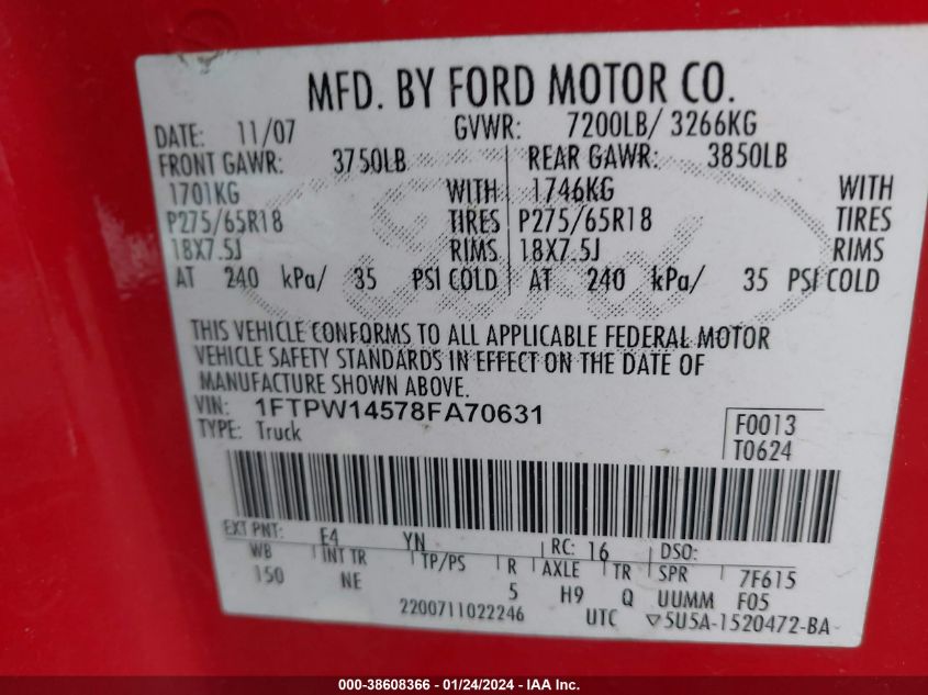 1FTPW14578FA70631 | 2008 FORD F-150