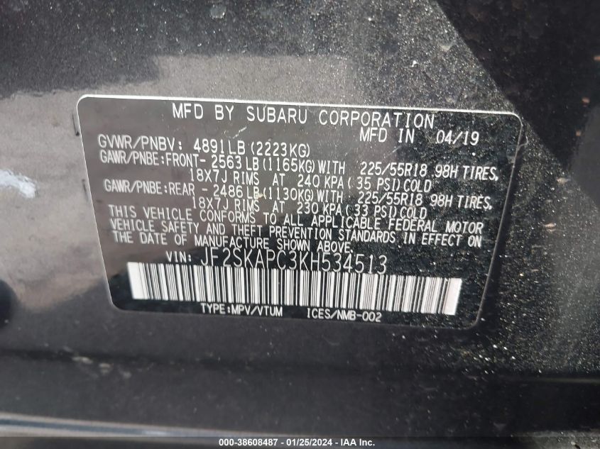2019 SUBARU FORESTER SPORT - JF2SKAPC3KH534513