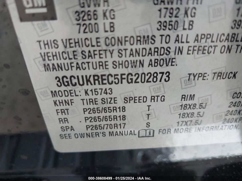 3GCUKREC5FG202873 | 2015 CHEVROLET SILVERADO 1500