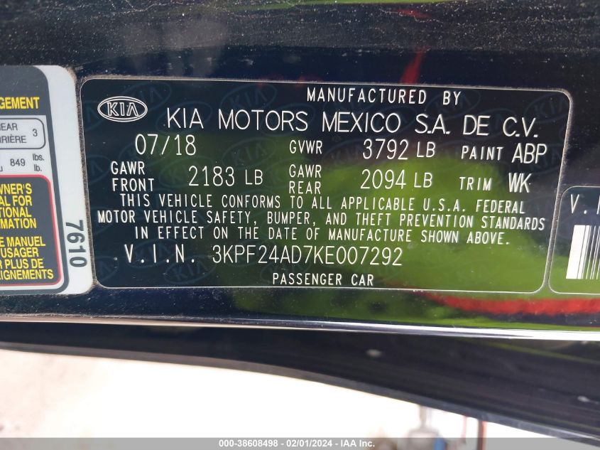 2019 KIA FORTE FE/LX/LXS - 3KPF24AD7KE007292