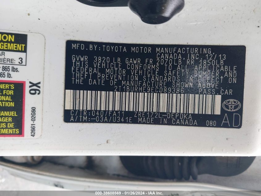 2014 TOYOTA COROLLA L/LE/LE PLS/PRM/S/S PLS - 2T1BURHE9EC089386