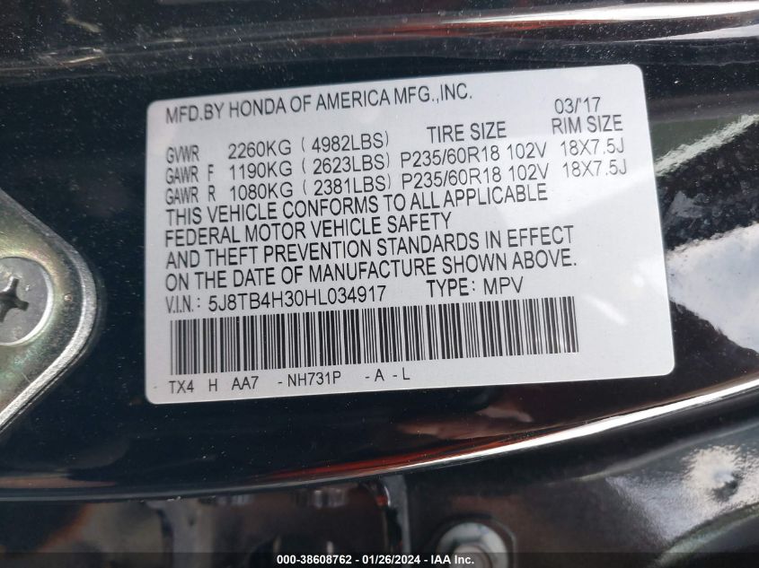 2017 ACURA RDX - 5J8TB4H30HL034917