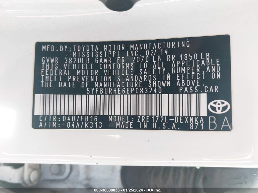 2014 TOYOTA COROLLA L/LE/LE PLS/PRM/S/S PLS - 5YFBURHE6EP083240