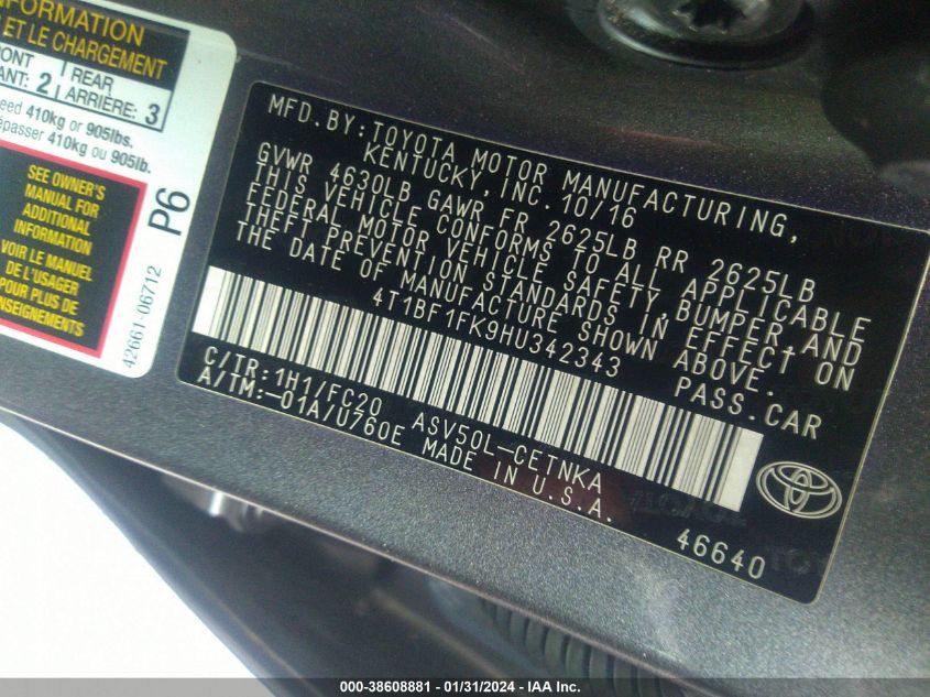 2017 TOYOTA CAMRY LE - 4T1BF1FK9HU342343