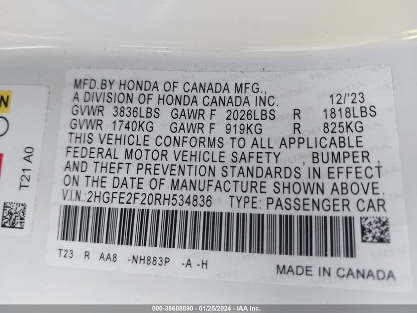 VIN 2HGFE2F20RH534836 2024 HONDA CIVIC LX