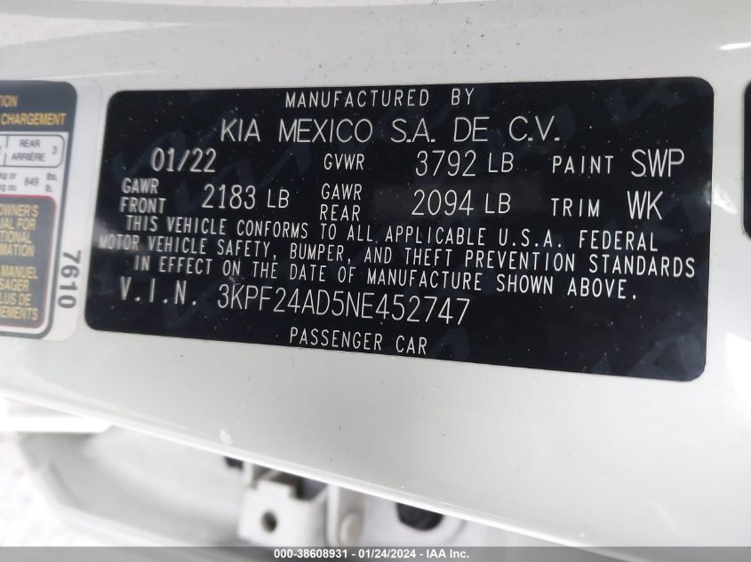 2022 KIA FORTE LXS - 3KPF24AD5NE452747