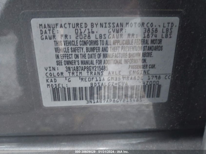 2016 NISSAN SENTRA SL - 3N1AB7AP8GY215485