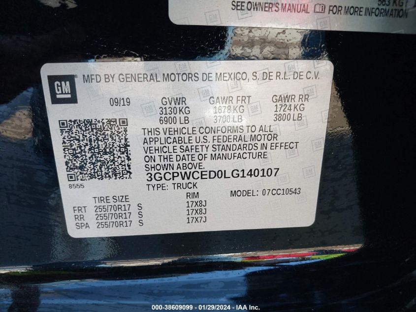2020 CHEVROLET SILVERADO 1500 2WD  SHORT BED LT - 3GCPWCED0LG140107