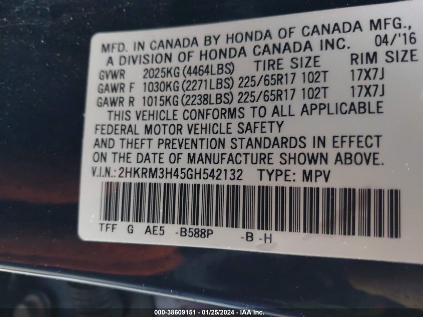 2016 HONDA CR-V SE - 2HKRM3H45GH542132