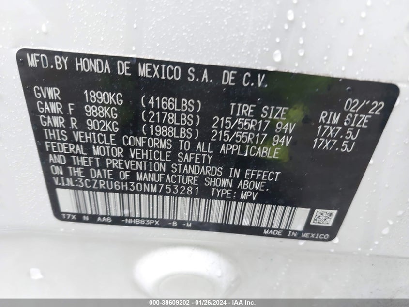 VIN 3CZRU6H30NM753281 2022 HONDA HR-V LX