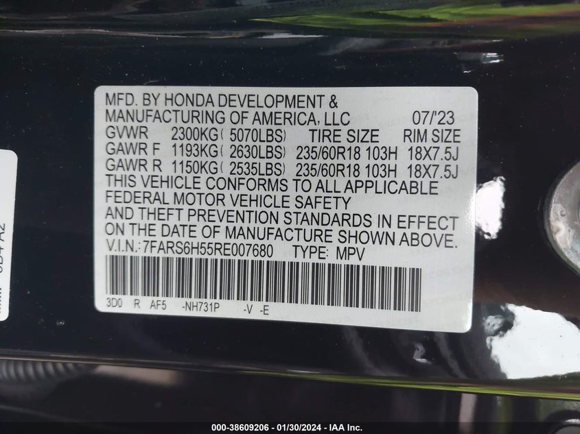 VIN 7FARS6H55RE007680 2024 HONDA CR-V HYBRID SPORT