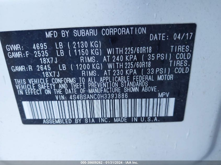 2017 SUBARU OUTBACK 2.5I LIMITED - 4S4BSANC0H3393886