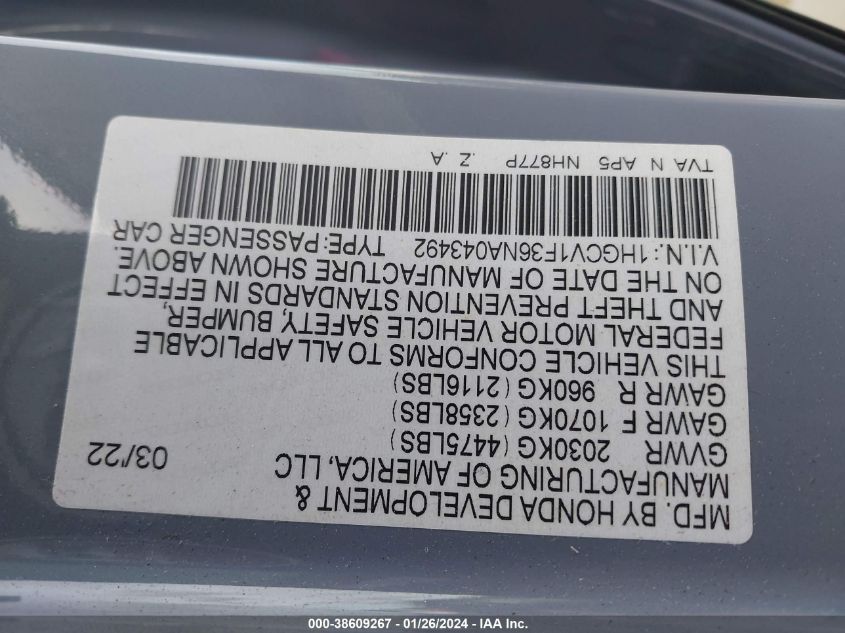 2022 HONDA ACCORD SPORT - 1HGCV1F36NA043492