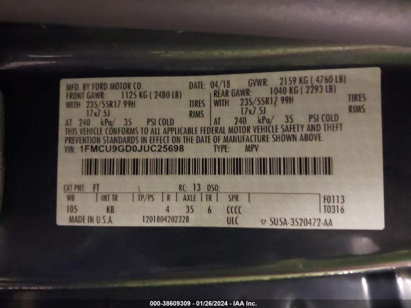 2018 FORD ESCAPE SE - 1FMCU9GD0JUC25698