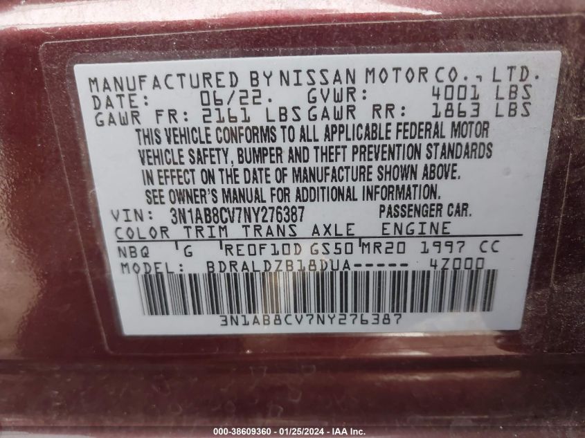 2022 NISSAN SENTRA SV XTRONIC CVT - 3N1AB8CV7NY276387